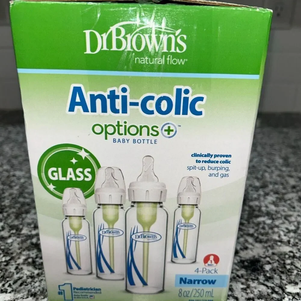 Dr. Brown’s Anti-Colic Options+ Glass Baby Bottles 8 oz 4-Pack Narrow New
